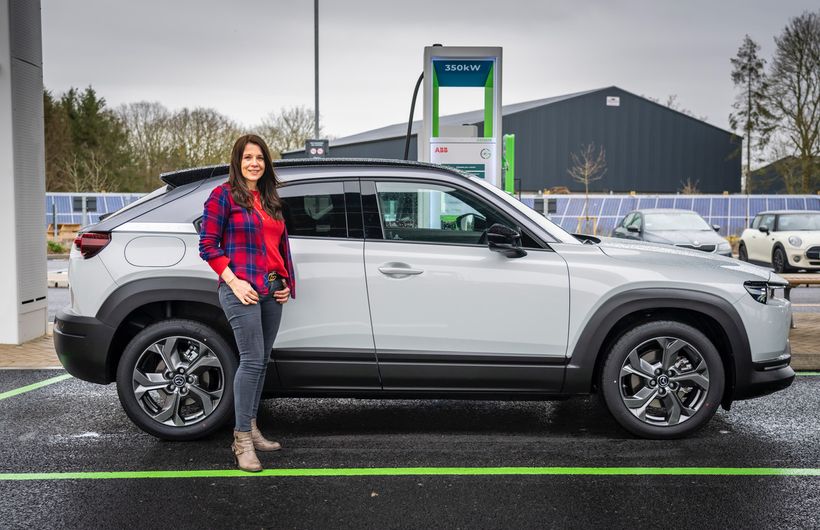 Ginny Buckley with Mazda MX 30 sport tech electric car at Gridserve